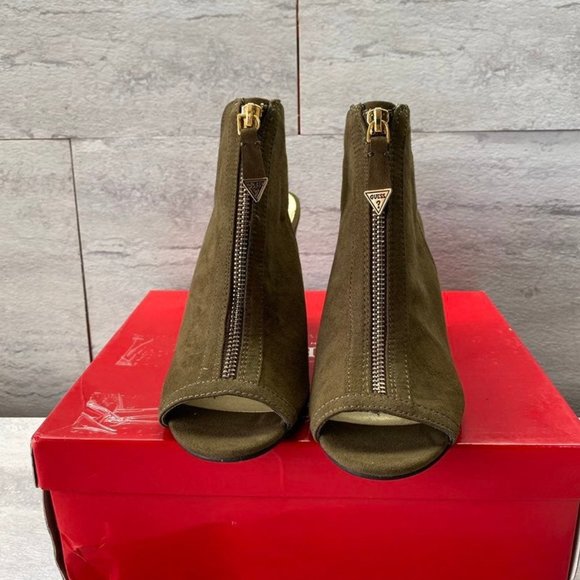 Guess Suede Peep Toe Heeled Booties Olive Green - Picture 3 of 6